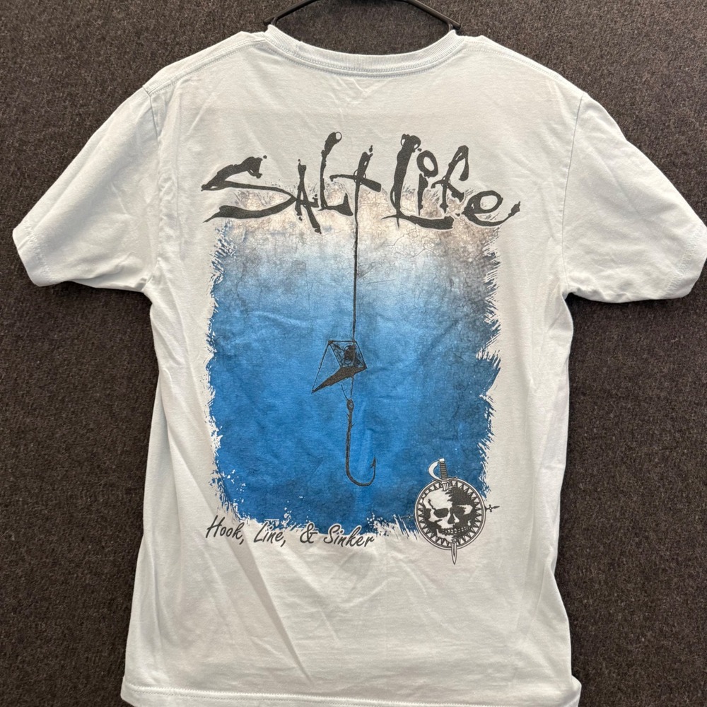 Salt Life Mens Hook Line & Sinker Pocket T-Shirt Light Blue Small Graphic Tee